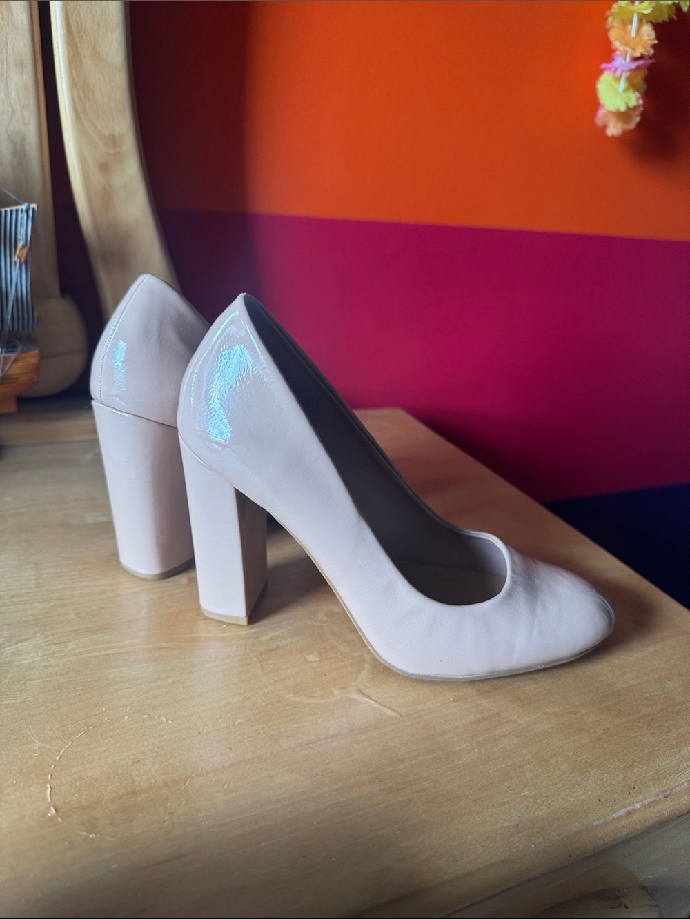 BAMBOO Blush Patent Block Heel Pumps
